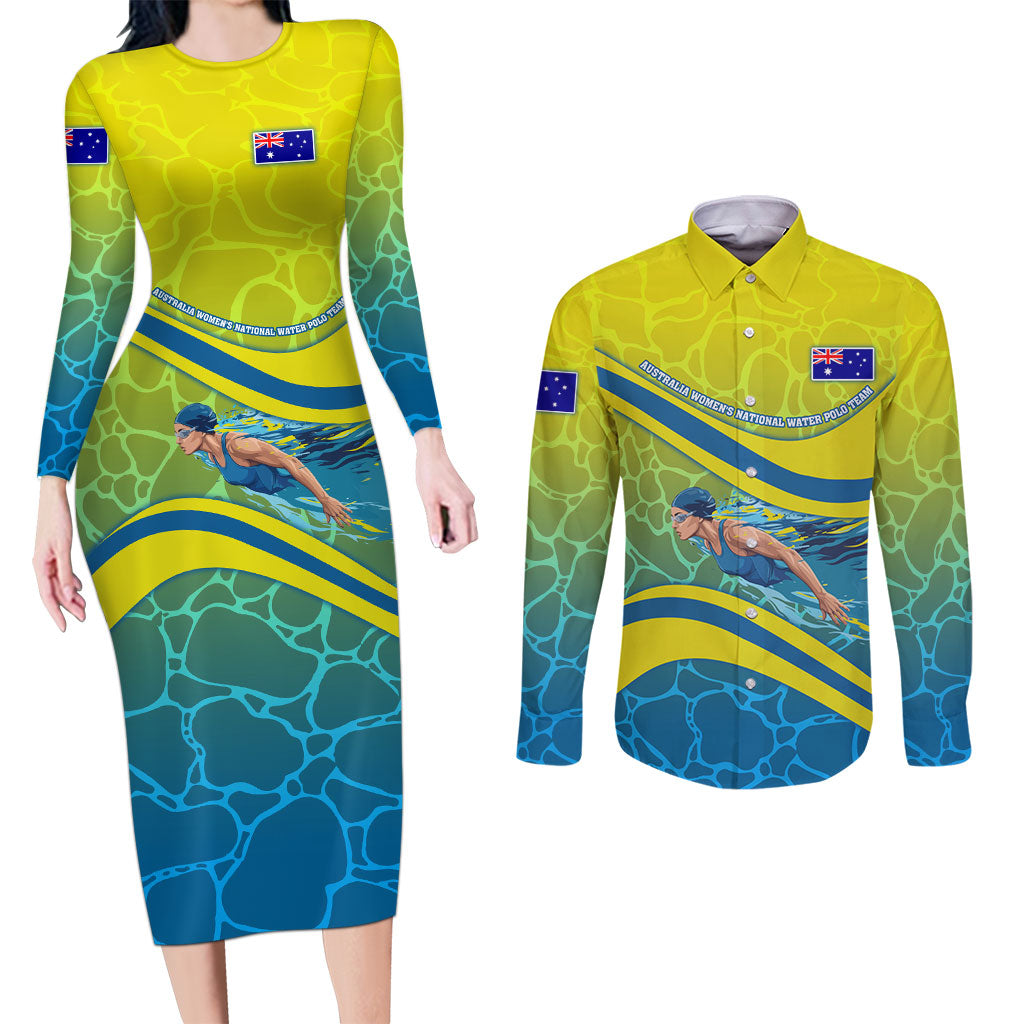 Personalized Australia Water Polo Swimmer Couples Matching Long Sleeve Bodycon Dress and Long Sleeve Button Shirt Dynamic Swimmer With Wave Pattern And National Colors