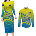 Personalized Australia Water Polo Swimmer Couples Matching Long Sleeve Bodycon Dress and Long Sleeve Button Shirt Dynamic Swimmer With Wave Pattern And National Colors