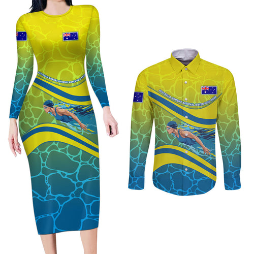 Personalized Australia Water Polo Swimmer Couples Matching Long Sleeve Bodycon Dress and Long Sleeve Button Shirt Dynamic Swimmer With Wave Pattern And National Colors
