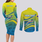 Personalized Australia Water Polo Swimmer Couples Matching Long Sleeve Bodycon Dress and Long Sleeve Button Shirt Dynamic Swimmer With Wave Pattern And National Colors