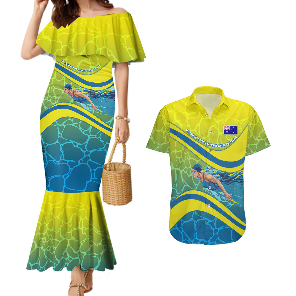 Personalized Australia Water Polo Swimmer Couples Matching Mermaid Dress and Hawaiian Shirt Dynamic Swimmer With Wave Pattern And National Colors