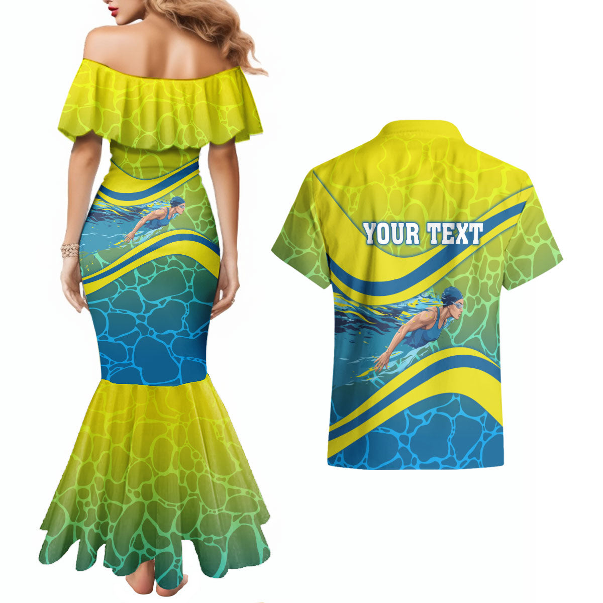 Personalized Australia Water Polo Swimmer Couples Matching Mermaid Dress and Hawaiian Shirt Dynamic Swimmer With Wave Pattern And National Colors