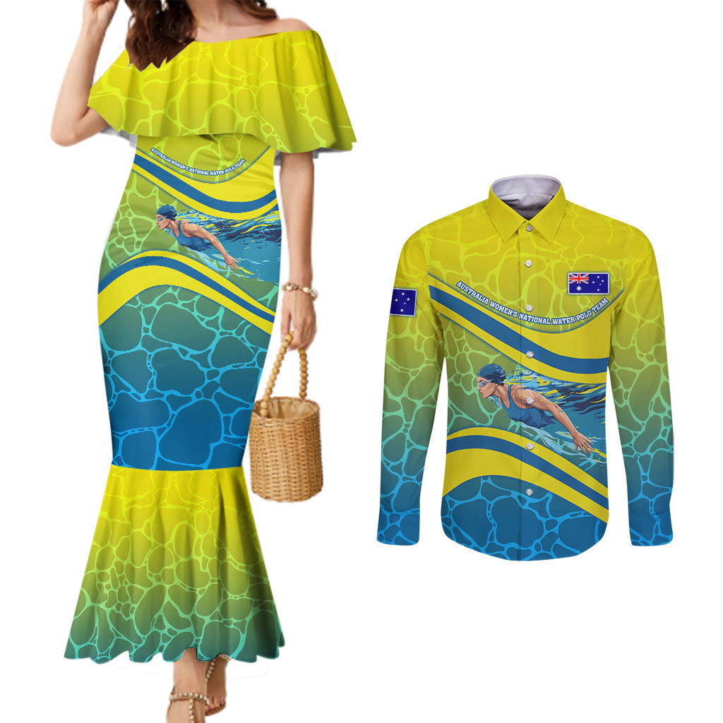 Personalized Australia Water Polo Swimmer Couples Matching Mermaid Dress and Long Sleeve Button Shirt Dynamic Swimmer With Wave Pattern And National Colors