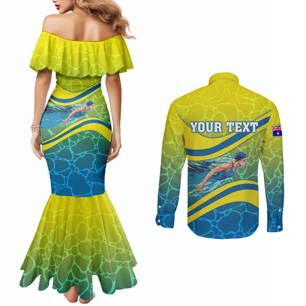 Personalized Australia Water Polo Swimmer Couples Matching Mermaid Dress and Long Sleeve Button Shirt Dynamic Swimmer With Wave Pattern And National Colors