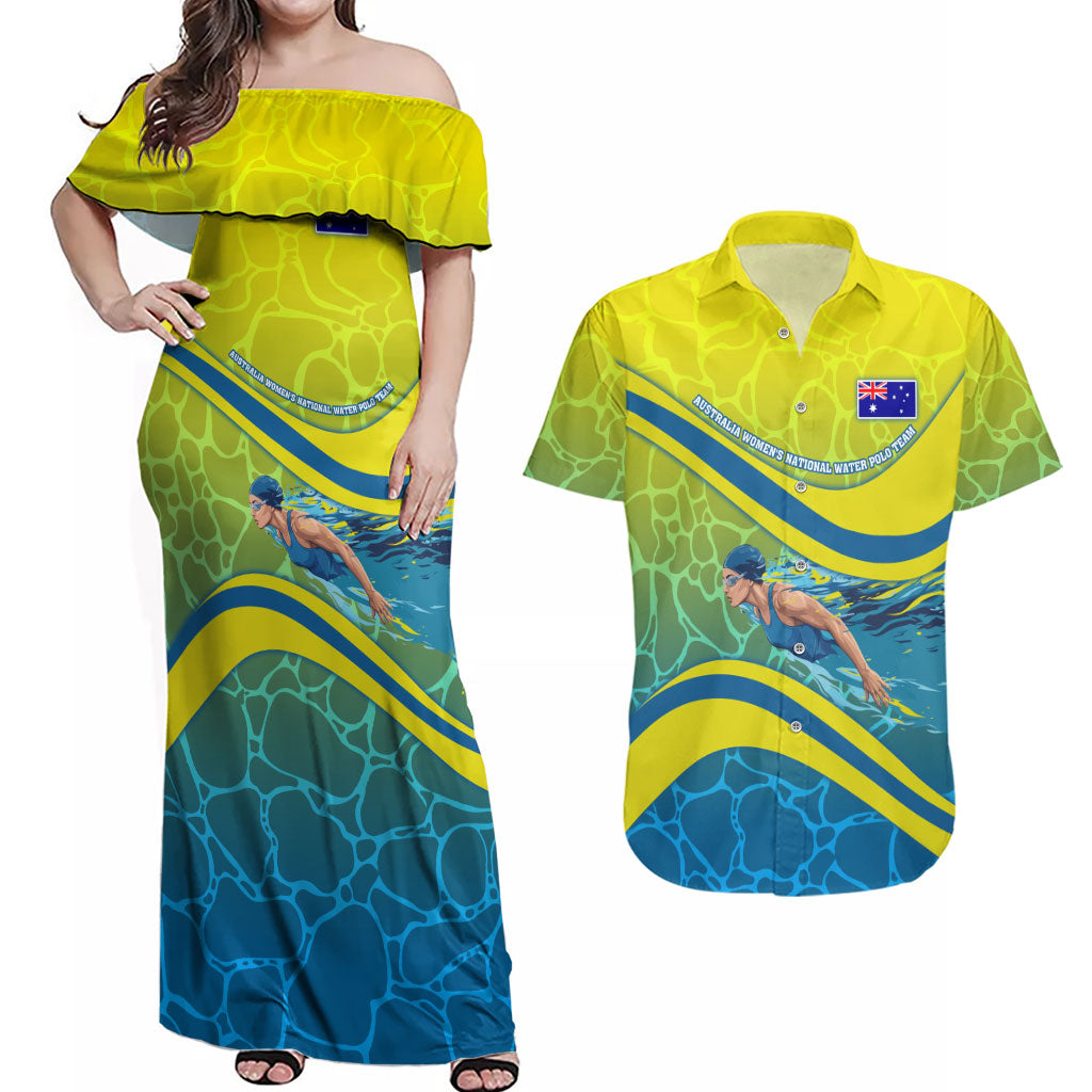 Personalized Australia Water Polo Swimmer Couples Matching Off Shoulder Maxi Dress and Hawaiian Shirt Dynamic Swimmer With Wave Pattern And National Colors