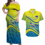 Personalized Australia Water Polo Swimmer Couples Matching Off Shoulder Maxi Dress and Hawaiian Shirt Dynamic Swimmer With Wave Pattern And National Colors