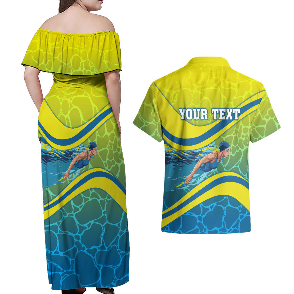 Personalized Australia Water Polo Swimmer Couples Matching Off Shoulder Maxi Dress and Hawaiian Shirt Dynamic Swimmer With Wave Pattern And National Colors