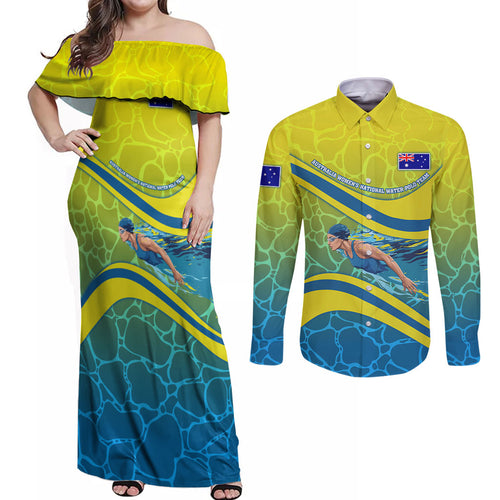 Personalized Australia Water Polo Swimmer Couples Matching Off Shoulder Maxi Dress and Long Sleeve Button Shirt Dynamic Swimmer With Wave Pattern And National Colors