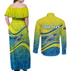 Personalized Australia Water Polo Swimmer Couples Matching Off Shoulder Maxi Dress and Long Sleeve Button Shirt Dynamic Swimmer With Wave Pattern And National Colors