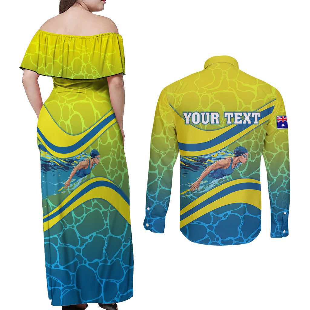 Personalized Australia Water Polo Swimmer Couples Matching Off Shoulder Maxi Dress and Long Sleeve Button Shirt Dynamic Swimmer With Wave Pattern And National Colors