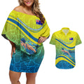 Personalized Australia Water Polo Swimmer Couples Matching Off Shoulder Short Dress and Hawaiian Shirt Dynamic Swimmer With Wave Pattern And National Colors