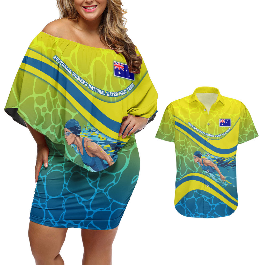 Personalized Australia Water Polo Swimmer Couples Matching Off Shoulder Short Dress and Hawaiian Shirt Dynamic Swimmer With Wave Pattern And National Colors