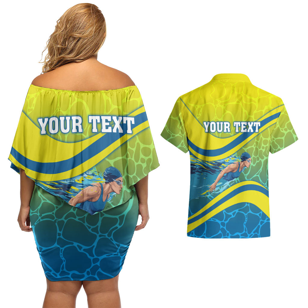 Personalized Australia Water Polo Swimmer Couples Matching Off Shoulder Short Dress and Hawaiian Shirt Dynamic Swimmer With Wave Pattern And National Colors