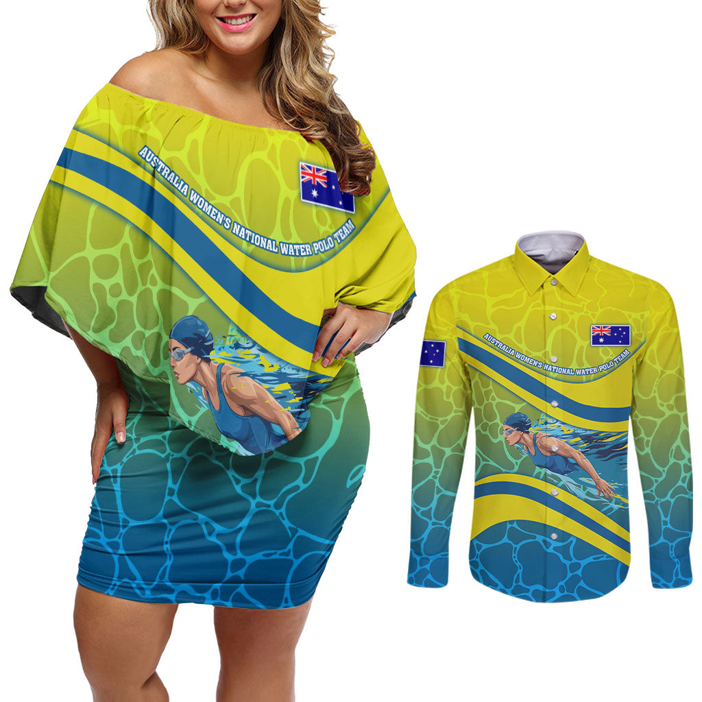 Personalized Australia Water Polo Swimmer Couples Matching Off Shoulder Short Dress and Long Sleeve Button Shirt Dynamic Swimmer With Wave Pattern And National Colors