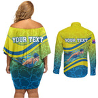 Personalized Australia Water Polo Swimmer Couples Matching Off Shoulder Short Dress and Long Sleeve Button Shirt Dynamic Swimmer With Wave Pattern And National Colors