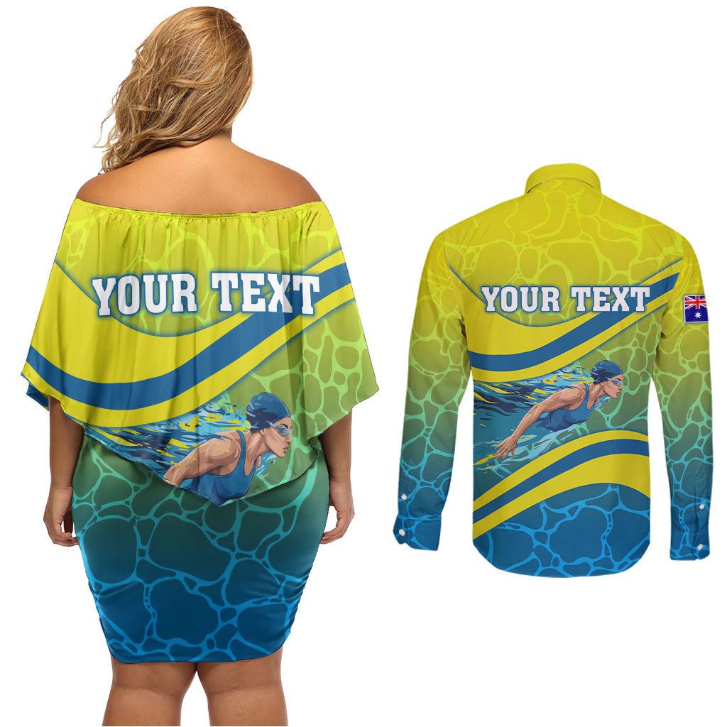 Personalized Australia Water Polo Swimmer Couples Matching Off Shoulder Short Dress and Long Sleeve Button Shirt Dynamic Swimmer With Wave Pattern And National Colors