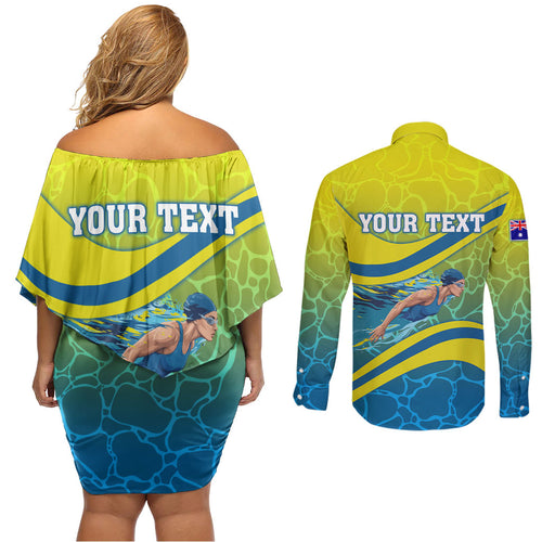 Personalized Australia Water Polo Swimmer Couples Matching Off Shoulder Short Dress and Long Sleeve Button Shirt Dynamic Swimmer With Wave Pattern And National Colors