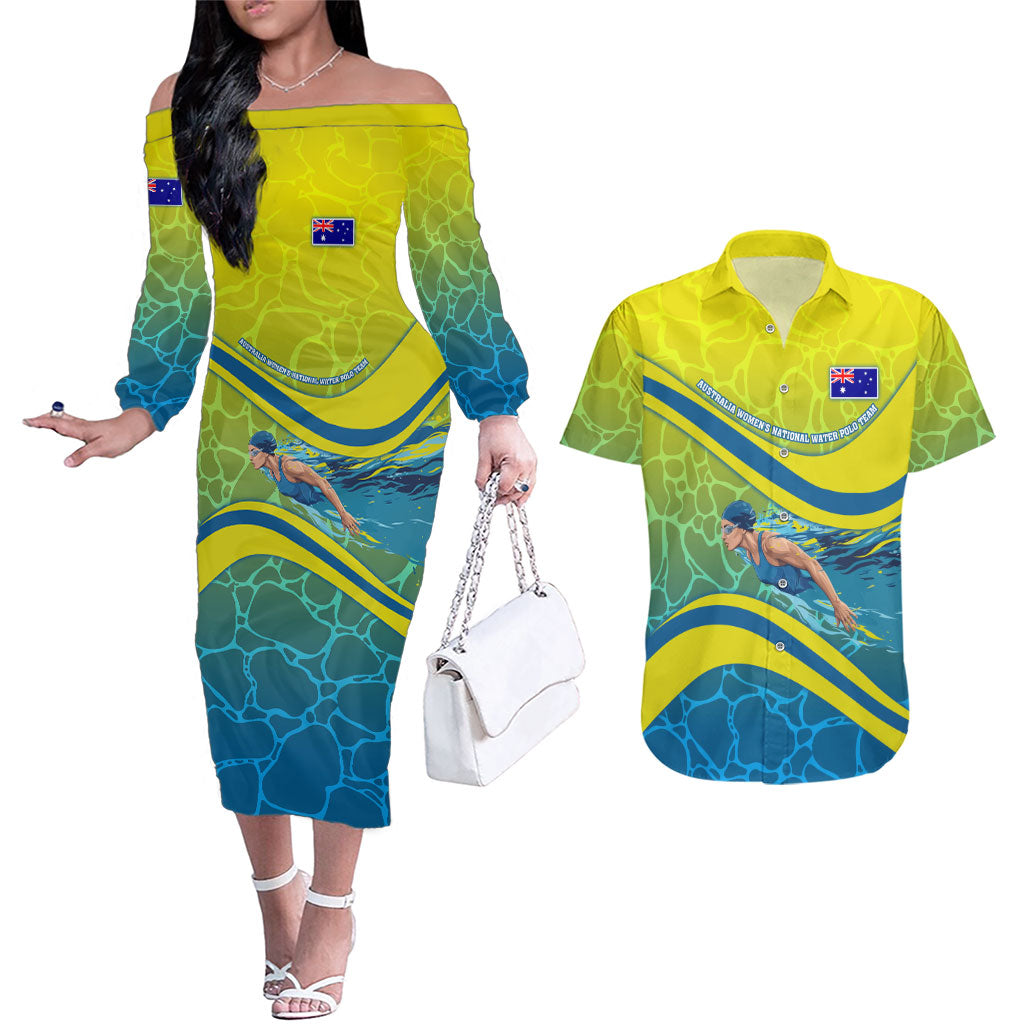 Personalized Australia Water Polo Swimmer Couples Matching Off The Shoulder Long Sleeve Dress and Hawaiian Shirt Dynamic Swimmer With Wave Pattern And National Colors