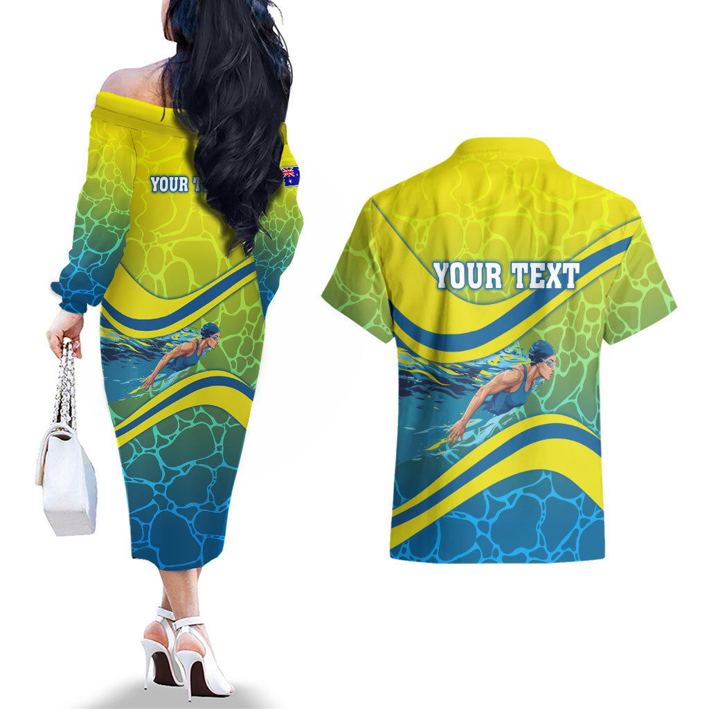 Personalized Australia Water Polo Swimmer Couples Matching Off The Shoulder Long Sleeve Dress and Hawaiian Shirt Dynamic Swimmer With Wave Pattern And National Colors