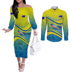 Personalized Australia Water Polo Swimmer Couples Matching Off The Shoulder Long Sleeve Dress and Long Sleeve Button Shirt Dynamic Swimmer With Wave Pattern And National Colors