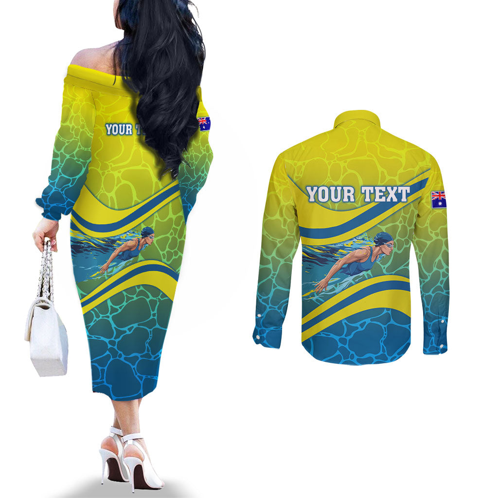 Personalized Australia Water Polo Swimmer Couples Matching Off The Shoulder Long Sleeve Dress and Long Sleeve Button Shirt Dynamic Swimmer With Wave Pattern And National Colors