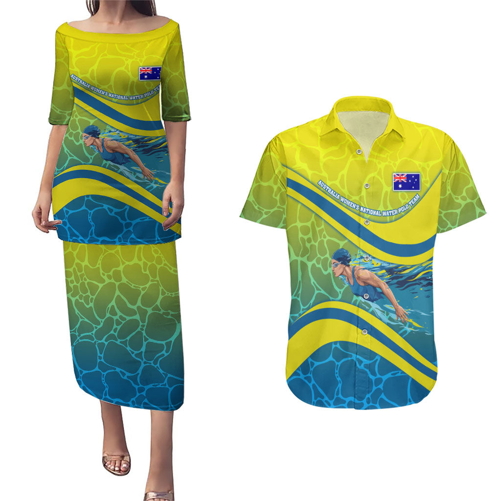 Personalized Australia Water Polo Swimmer Couples Matching Puletasi and Hawaiian Shirt Dynamic Swimmer With Wave Pattern And National Colors