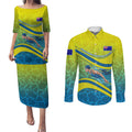 Personalized Australia Water Polo Swimmer Couples Matching Puletasi and Long Sleeve Button Shirt Dynamic Swimmer With Wave Pattern And National Colors