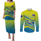 Personalized Australia Water Polo Swimmer Couples Matching Puletasi and Long Sleeve Button Shirt Dynamic Swimmer With Wave Pattern And National Colors