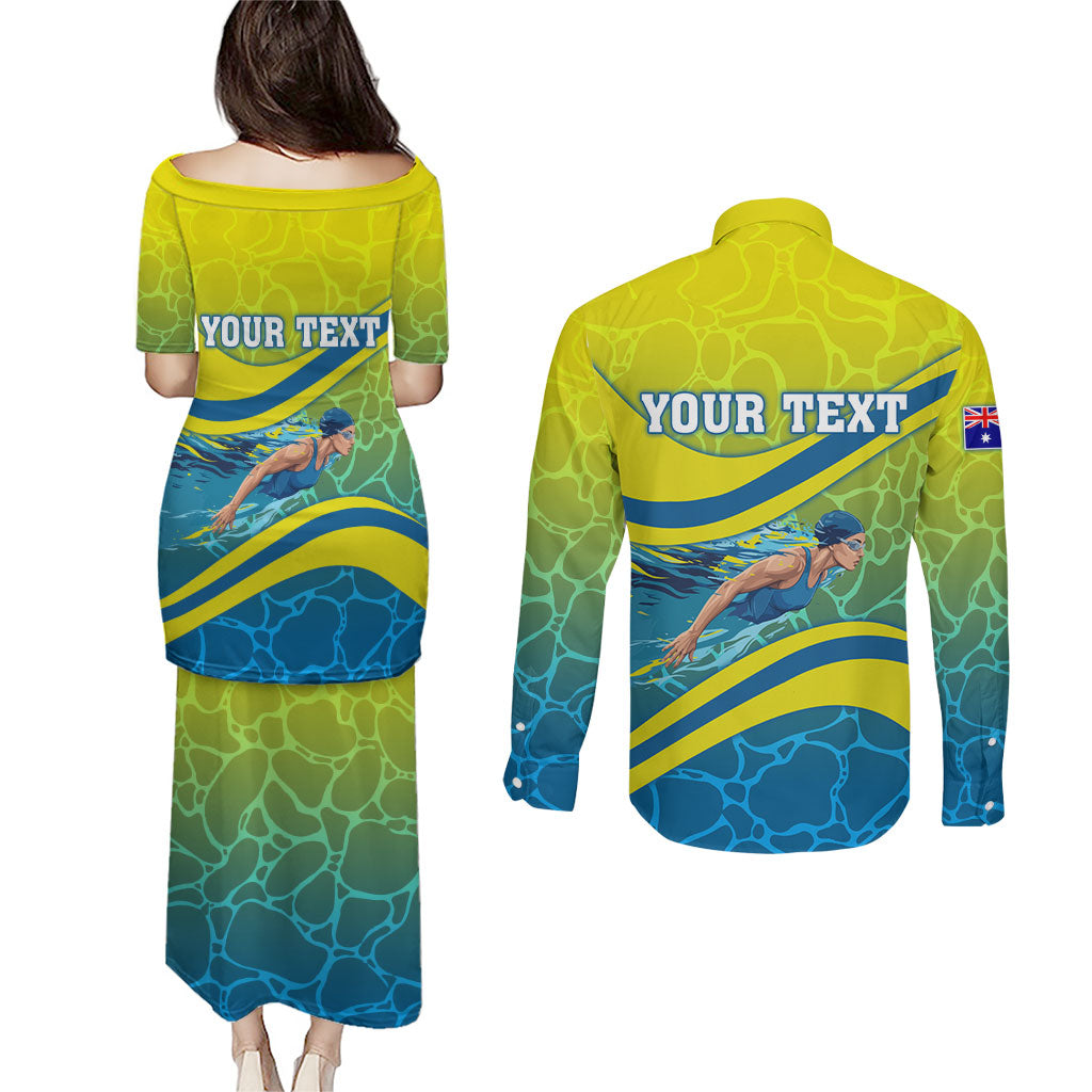 Personalized Australia Water Polo Swimmer Couples Matching Puletasi and Long Sleeve Button Shirt Dynamic Swimmer With Wave Pattern And National Colors