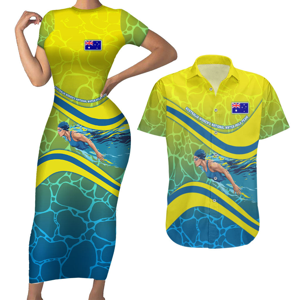 Personalized Australia Water Polo Swimmer Couples Matching Short Sleeve Bodycon Dress and Hawaiian Shirt Dynamic Swimmer With Wave Pattern And National Colors