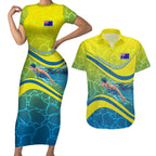 Personalized Australia Water Polo Swimmer Couples Matching Short Sleeve Bodycon Dress and Hawaiian Shirt Dynamic Swimmer With Wave Pattern And National Colors