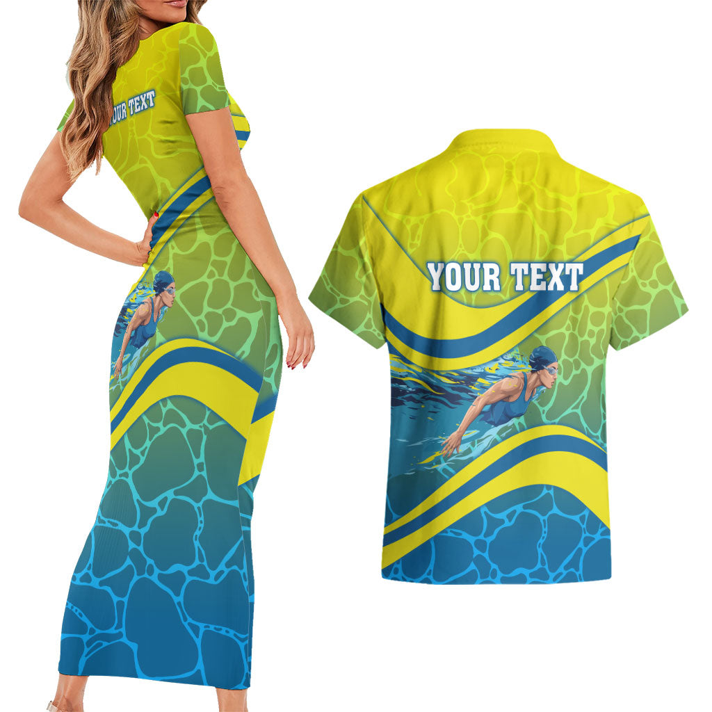 Personalized Australia Water Polo Swimmer Couples Matching Short Sleeve Bodycon Dress and Hawaiian Shirt Dynamic Swimmer With Wave Pattern And National Colors