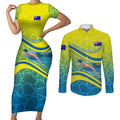 Personalized Australia Water Polo Swimmer Couples Matching Short Sleeve Bodycon Dress and Long Sleeve Button Shirt Dynamic Swimmer With Wave Pattern And National Colors