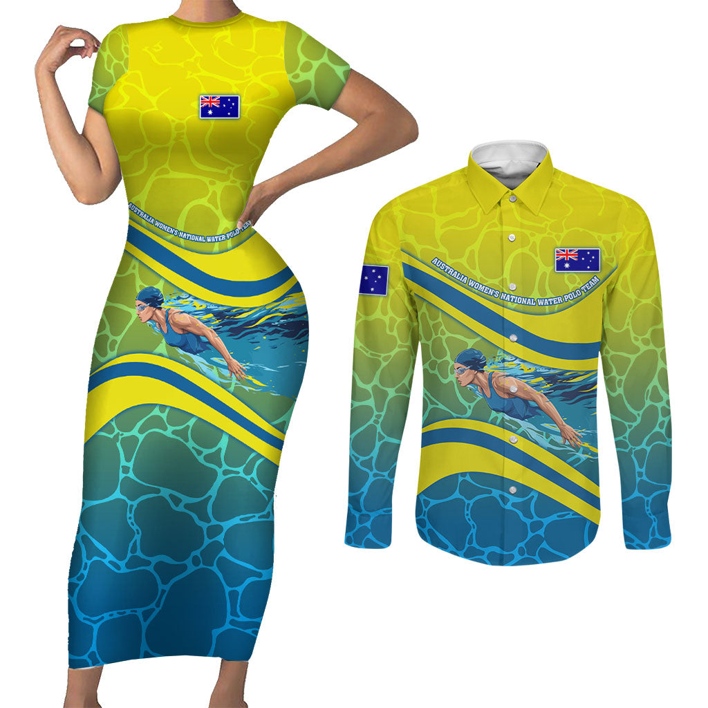 Personalized Australia Water Polo Swimmer Couples Matching Short Sleeve Bodycon Dress and Long Sleeve Button Shirt Dynamic Swimmer With Wave Pattern And National Colors