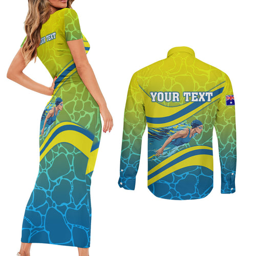 Personalized Australia Water Polo Swimmer Couples Matching Short Sleeve Bodycon Dress and Long Sleeve Button Shirt Dynamic Swimmer With Wave Pattern And National Colors