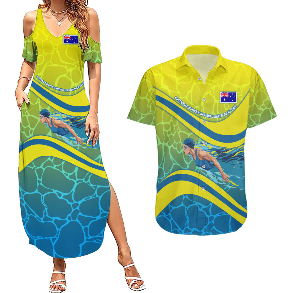 Personalized Australia Water Polo Swimmer Couples Matching Summer Maxi Dress and Hawaiian Shirt Dynamic Swimmer With Wave Pattern And National Colors
