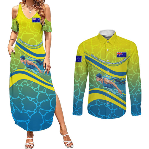 Personalized Australia Water Polo Swimmer Couples Matching Summer Maxi Dress and Long Sleeve Button Shirt Dynamic Swimmer With Wave Pattern And National Colors