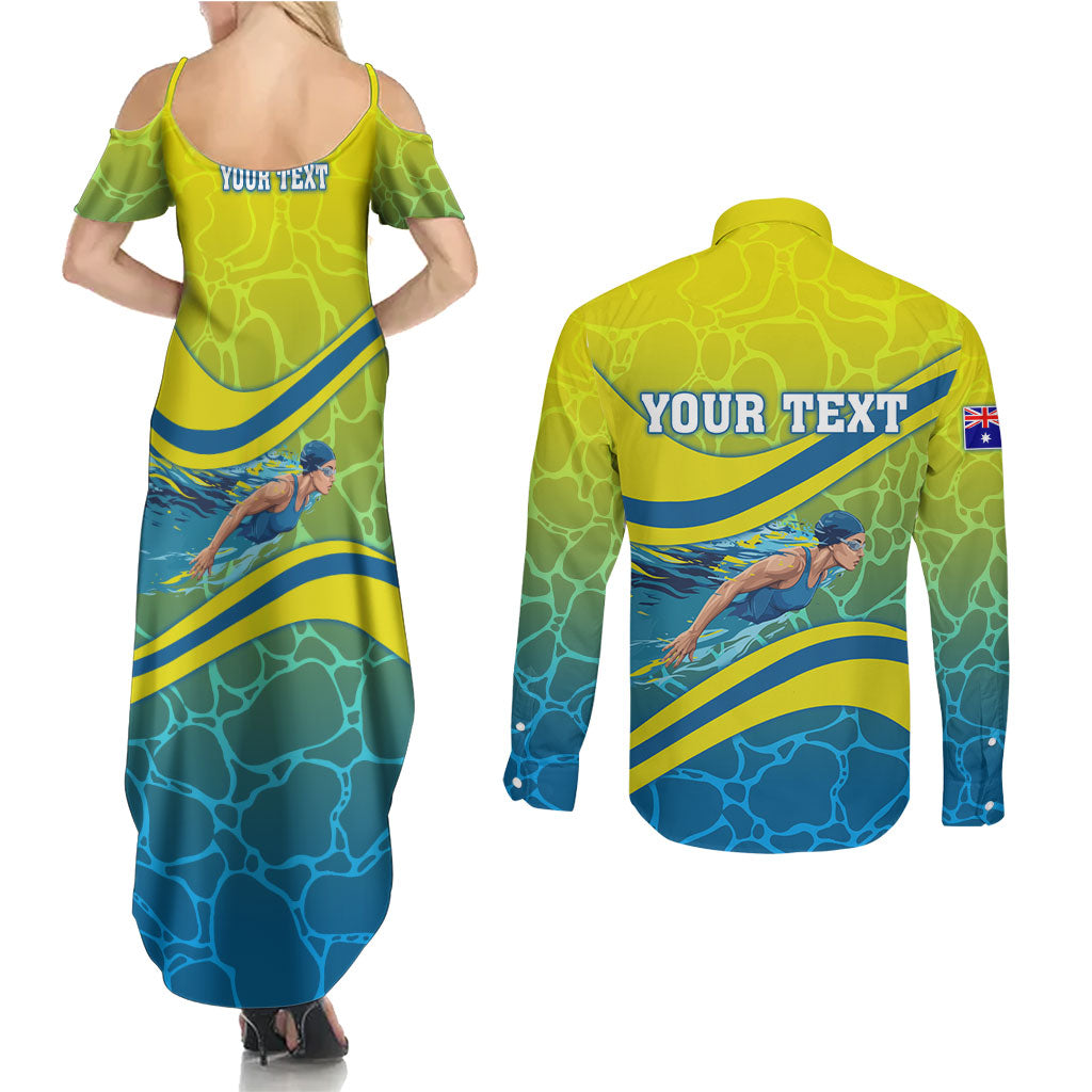 Personalized Australia Water Polo Swimmer Couples Matching Summer Maxi Dress and Long Sleeve Button Shirt Dynamic Swimmer With Wave Pattern And National Colors