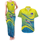 Personalized Australia Water Polo Swimmer Couples Matching Tank Maxi Dress and Hawaiian Shirt Dynamic Swimmer With Wave Pattern And National Colors