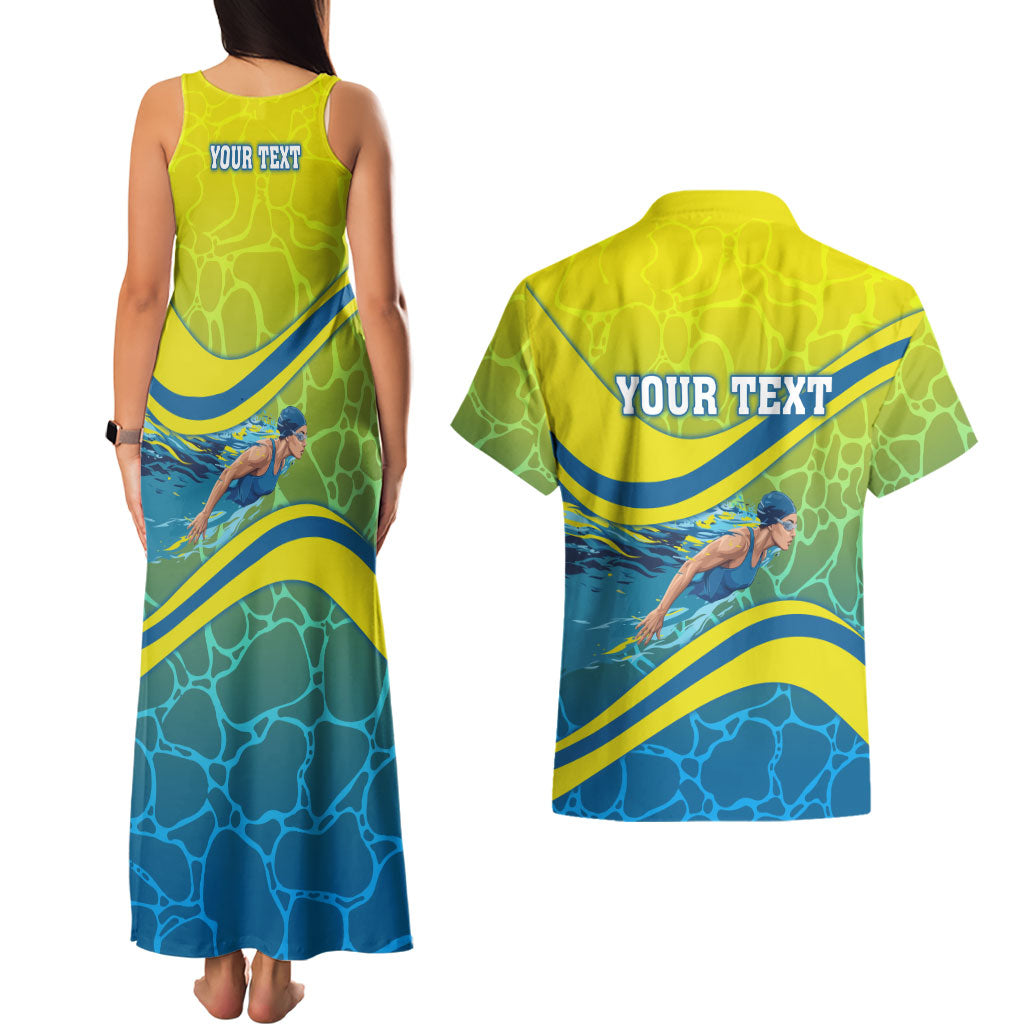 Personalized Australia Water Polo Swimmer Couples Matching Tank Maxi Dress and Hawaiian Shirt Dynamic Swimmer With Wave Pattern And National Colors