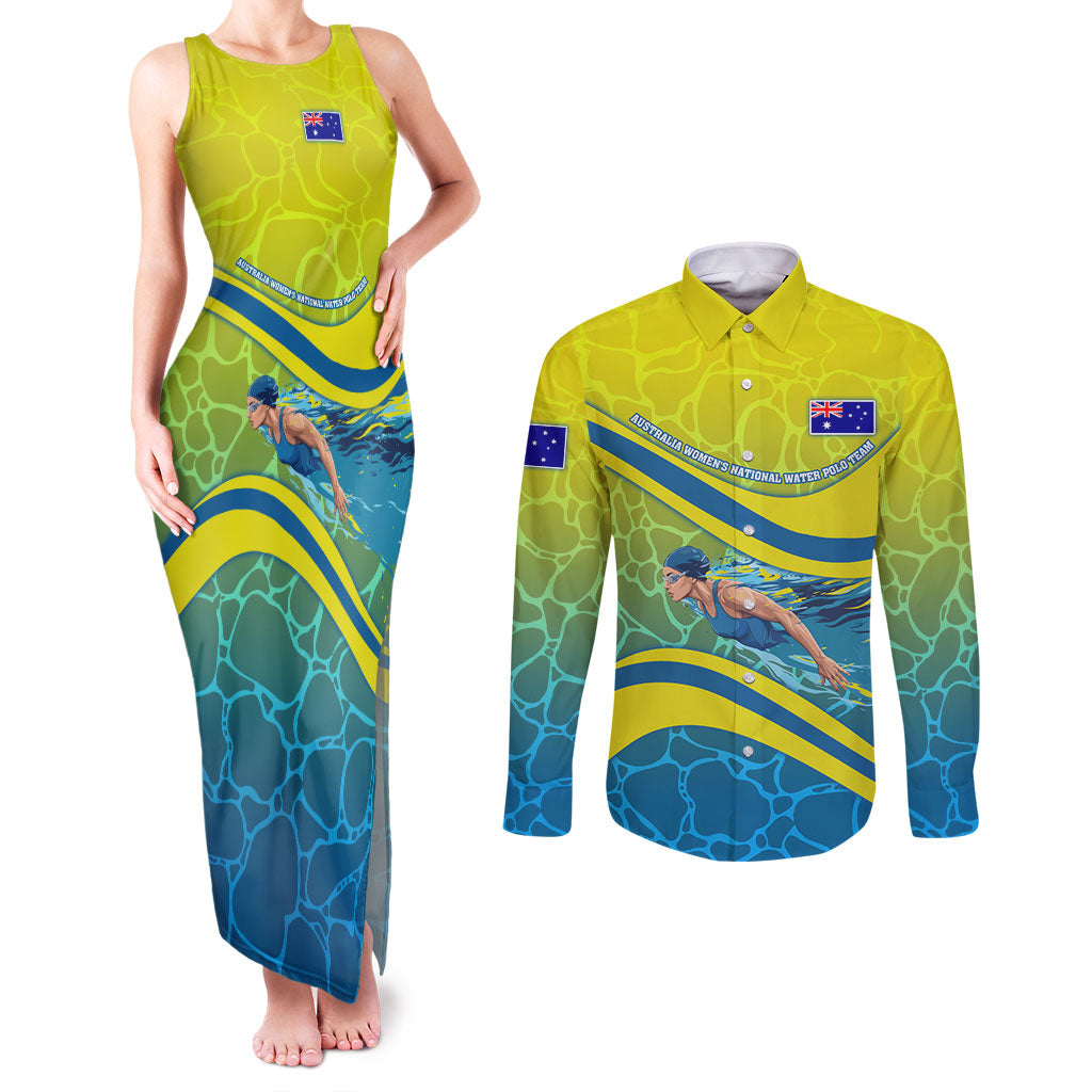 Personalized Australia Water Polo Swimmer Couples Matching Tank Maxi Dress and Long Sleeve Button Shirt Dynamic Swimmer With Wave Pattern And National Colors