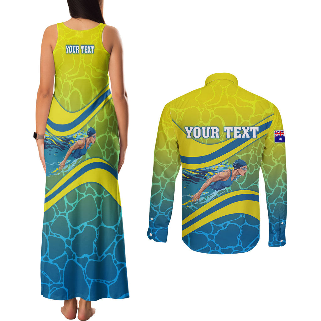 Personalized Australia Water Polo Swimmer Couples Matching Tank Maxi Dress and Long Sleeve Button Shirt Dynamic Swimmer With Wave Pattern And National Colors