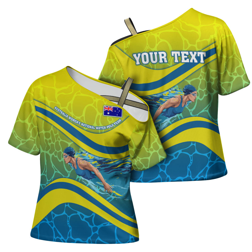 Personalized Australia Water Polo Swimmer Cross Shoulder Shirt Dynamic Swimmer With Wave Pattern And National Colors