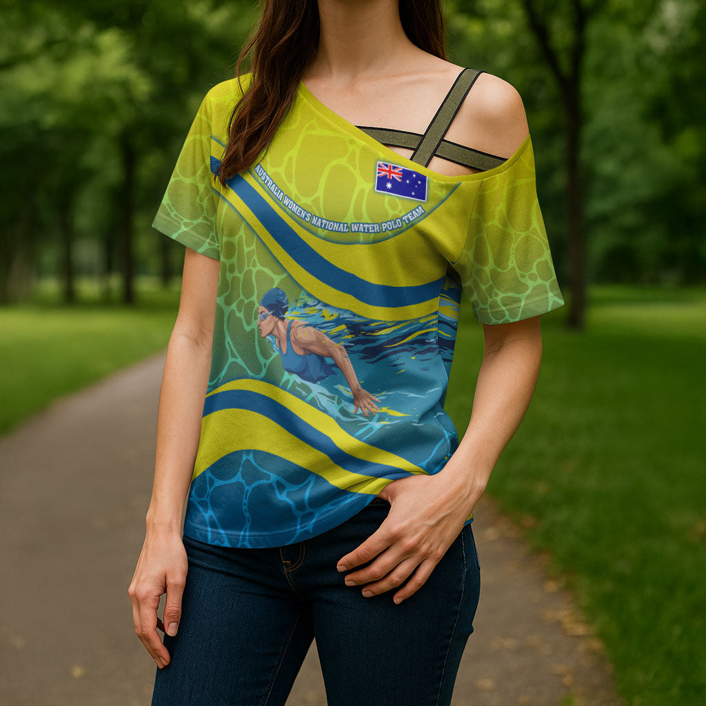 Personalized Australia Water Polo Swimmer Cross Shoulder Shirt Dynamic Swimmer With Wave Pattern And National Colors