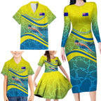 Personalized Australia Water Polo Swimmer Family Matching Long Sleeve Bodycon Dress and Hawaiian Shirt Dynamic Swimmer With Wave Pattern And National Colors