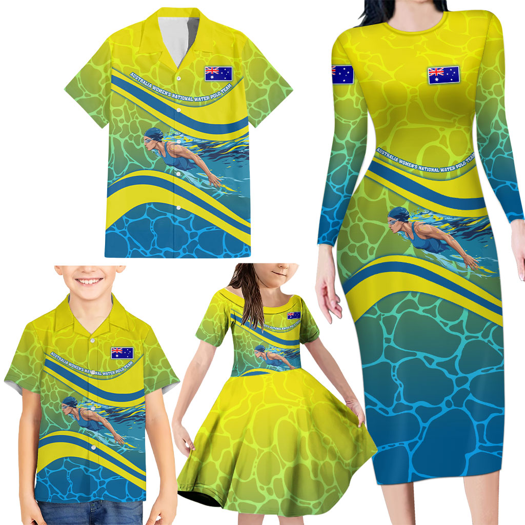 Personalized Australia Water Polo Swimmer Family Matching Long Sleeve Bodycon Dress and Hawaiian Shirt Dynamic Swimmer With Wave Pattern And National Colors