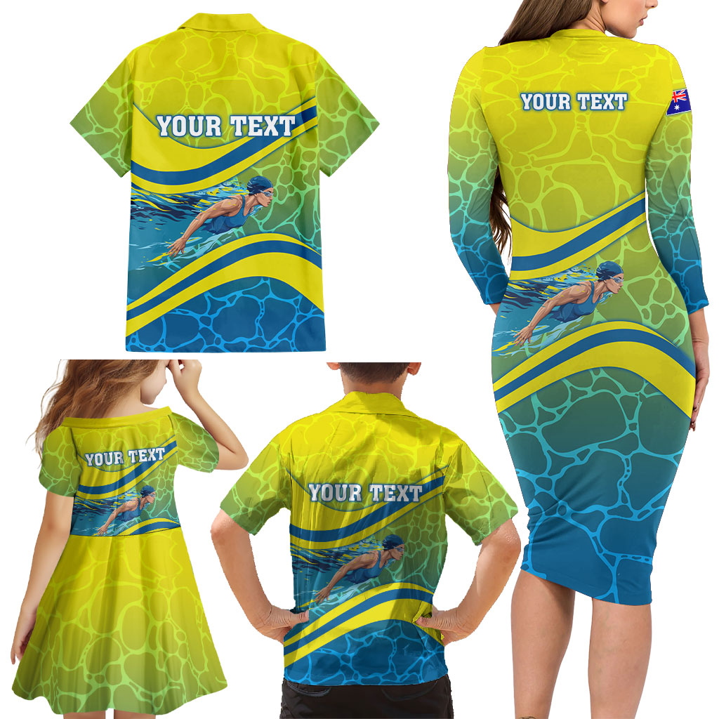 Personalized Australia Water Polo Swimmer Family Matching Long Sleeve Bodycon Dress and Hawaiian Shirt Dynamic Swimmer With Wave Pattern And National Colors