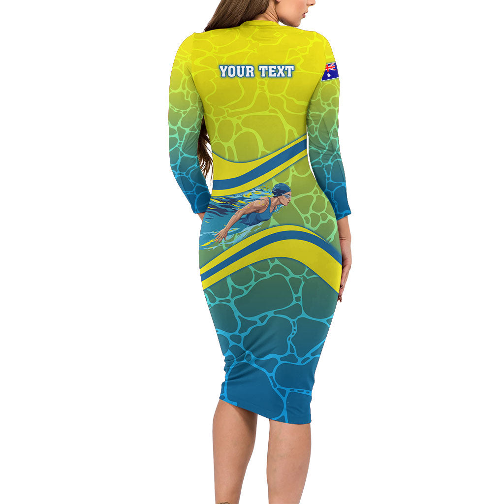 Personalized Australia Water Polo Swimmer Family Matching Long Sleeve Bodycon Dress and Hawaiian Shirt Dynamic Swimmer With Wave Pattern And National Colors