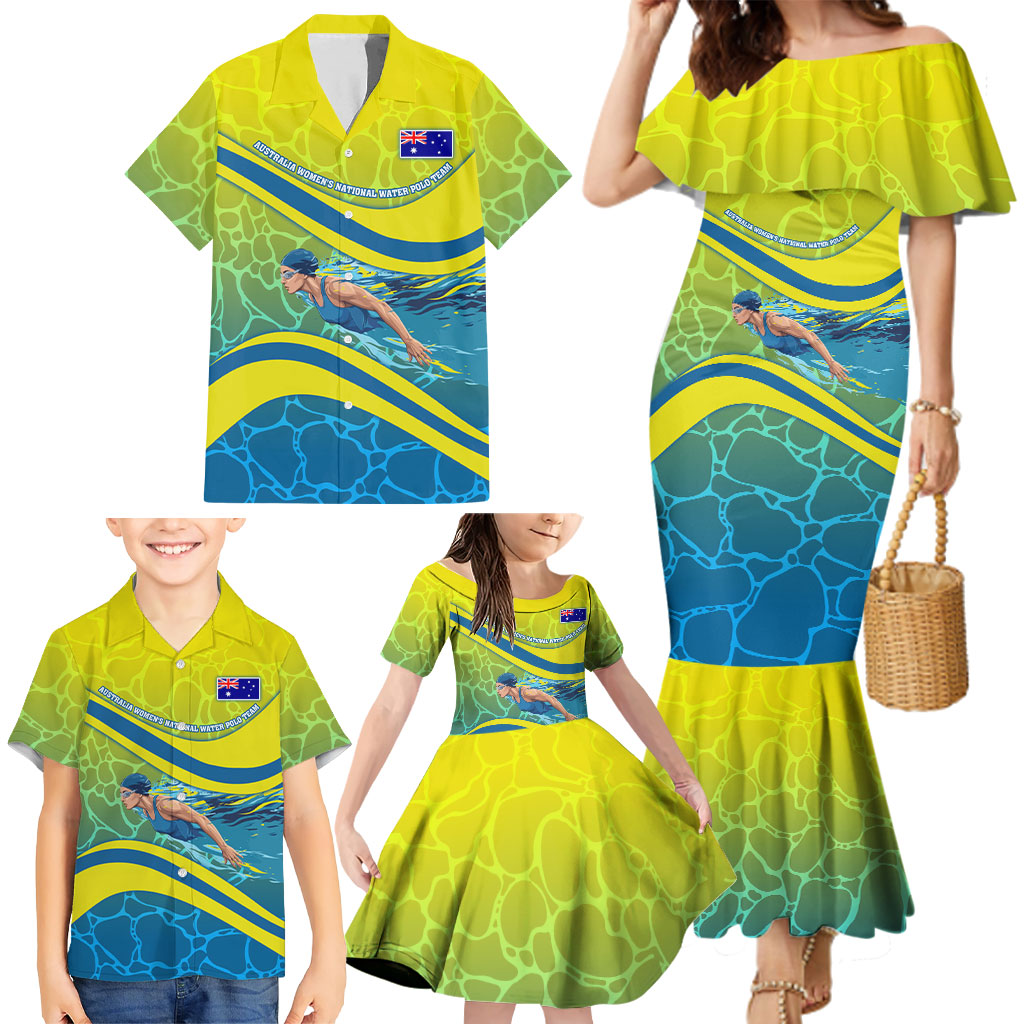 Personalized Australia Water Polo Swimmer Family Matching Mermaid Dress and Hawaiian Shirt Dynamic Swimmer With Wave Pattern And National Colors