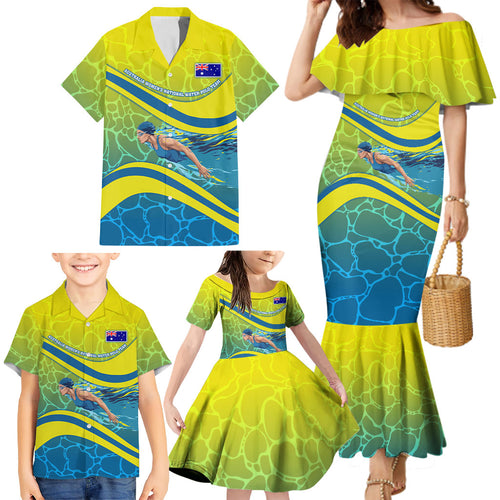 Personalized Australia Water Polo Swimmer Family Matching Mermaid Dress and Hawaiian Shirt Dynamic Swimmer With Wave Pattern And National Colors